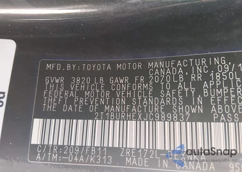 2018 Toyota Corolla Le z USA, uszkodzony, nr VIN 2T1BURHEXJC989837